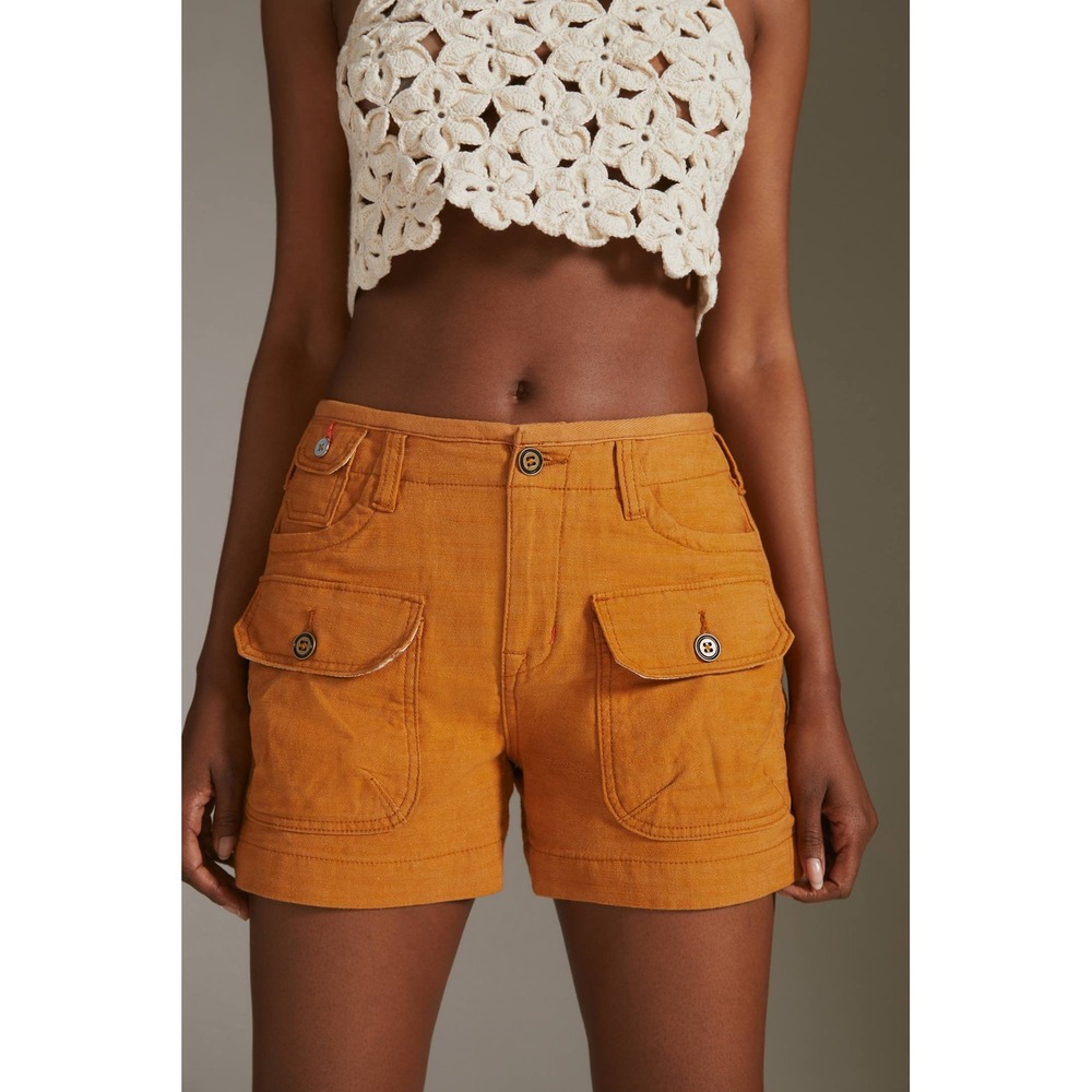 Anthropologie Pilcro Camp Shorts Mustard Yellow Gold Size 27 Linen Blend Cargo